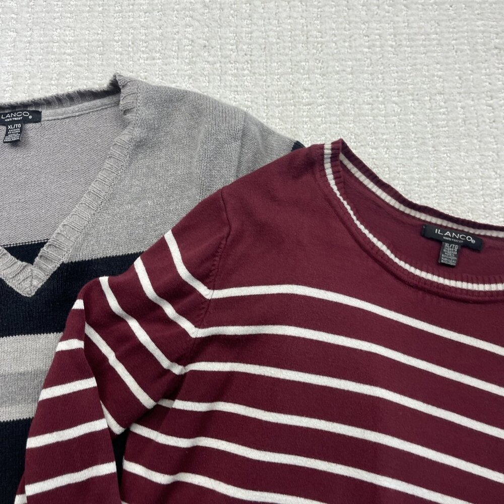 Lot x2 Bulk Striped Pullover Sweater Knit Red  / Grey Women Sz XL Preppy Cozy - Picture 5 of 16
